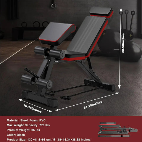 4 In 1 Adjustable Weight Bench With Leg Extension Foldable Incline Decline Bench Press Roman Chair And Preacher Curl Station Beefy 770 Lbs Capacity Full Body Home Gym Strength Training Equipment, black steel 130x41.5x98 cm, side view