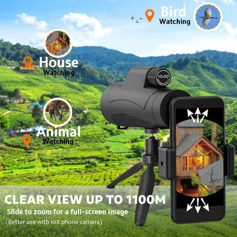 80x100 HD Monocular Telescope with Smartphone Adapter on Tripod for bird and wildlife watching in green landscape