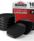 Slick Black Rubber Furniture Levelers 2 Inch Adjustable Shims in a pack of 16, designed to stabilize and protect floors.