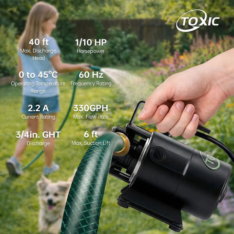 Self Priming Water Transfer Pump 115V One Tenth HP 330GPH Portable Electric Non Submersible Utility Pump shown in a garden scene