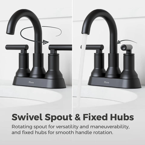 Capistrano Matte Black 4-In Centerset 3-Hole Bathroom Sink Faucet With Dual Handles Push and Seal Drain WaterSense NSF Listed, swivel spout detail