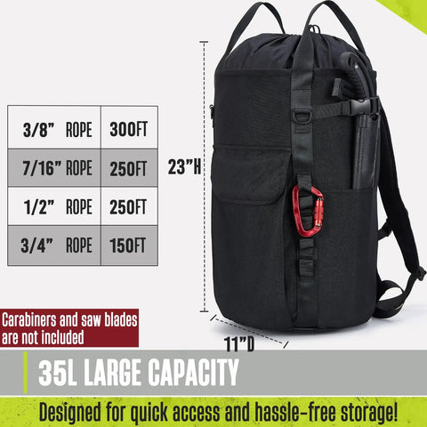 Heavy Duty Arborist Rope Bag 35L Bucket Backpack For Tree Climbing And Rock Gear, 23" height, front pocket, built tough