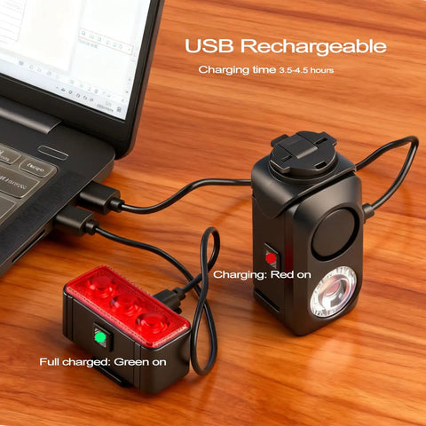 All In One Bike Light Set With 130dB Horn USB C Rechargeable Front Headlight And Red Taillight IPX5 Waterproof For Mountain Road Electric Bikes And Scooters Great For Adults And Kids
