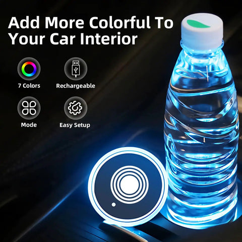 Dope Color Changing Car Cup Holder Lights Kit With USB Charging Mat Waterproof IP67 7 Colors And 3 Modes Solid Gradual Breathing Interior Mood Lighting For Your Ride 2 Pack Cup Pad Lights illuminating bottle.
