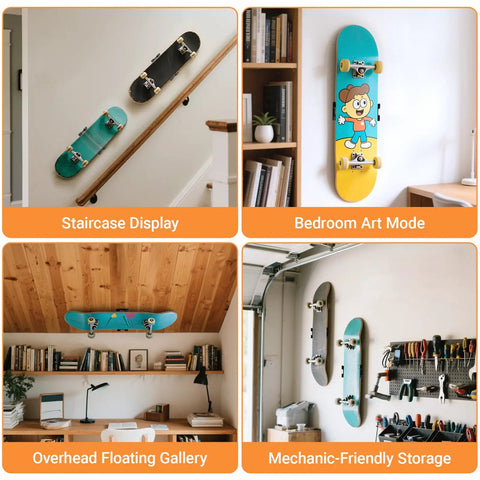 360 Degree Rotating Skateboard Wall Mount for creative display in staircase, bedroom, overhead, and garage settings.