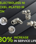 Angled view: 20-piece SAE/metric grease fittings set with straight and 45-degree elbows, metal chrome finish.