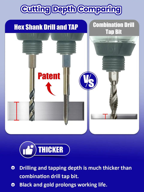 Comparison of Hex Shank Drill And Tap Set For Impact Driver, 20 Piece HSS W4 with combination drill tap bit depth.