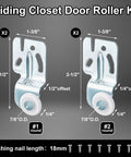4 Pcs Sliding Closet Door Roller Kit For Top Hung Bypass Wardrobe Wheels Hardware Compatible With Doors From Three Quarters Of An Inch To One And Three Eighths Of An Inch Thick Ideal For Kitchen Cabinets And Closets With Smooth Operation And Quiet Rolling, showing metal rollers and screws.