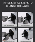 Heavy Duty Pneumatic Crimping Tool Built Solid For Cold Pressed Terminals 6 To 120 MM2 Copper Nose Die Pro showing jaw change steps.
