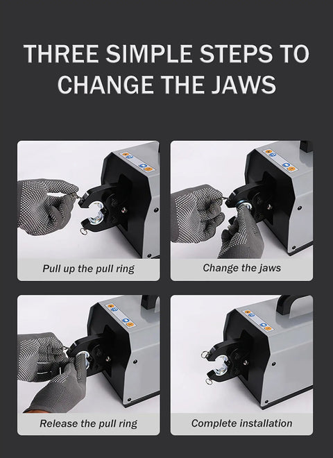 Heavy Duty Pneumatic Crimping Tool Built Solid For Cold Pressed Terminals 6 To 120 MM2 Copper Nose Die Pro showing jaw change steps.