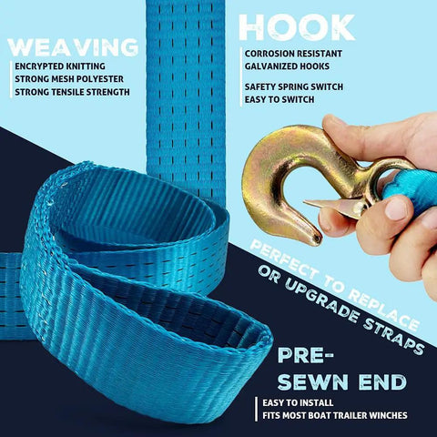 Beefed Up Heavy Duty Marine Trailer Winch Strap Kit 2 Inch By 20 Foot With 12000 Lbs Break Strength For PWC Pontoon Boats Includes Forged Hook And Work Gloves Blue showing blue strap and hook.