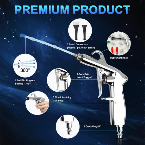 Two Nozzle Air Cleaning Gun For Auto Detailing That Blasts Dust And Grime From Surfaces Fast with labeled features
