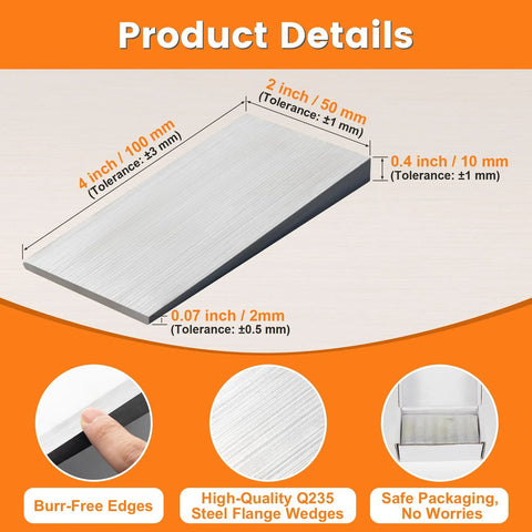 Product image showing Four Piece Steel Flange Wedges Shims For Precision Leveling And Alignment In Welding And Metal Lathe Work 4 Inch By 2 Inch Triangle Steel Wedge Set dimensions and features.