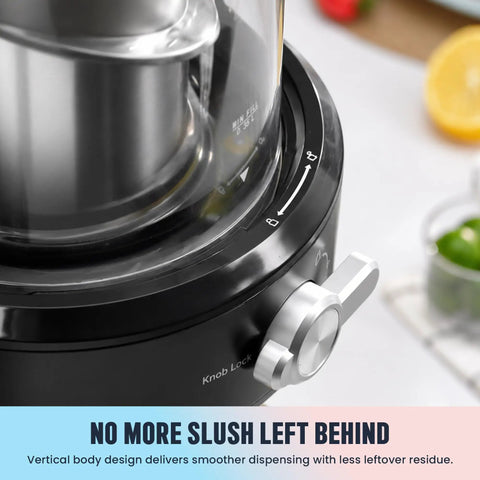 Close-up of 2 In 1 Slushie Machine And Soft Serve Ice Cream Maker showing control knob and clear bowl for easy dispensing.