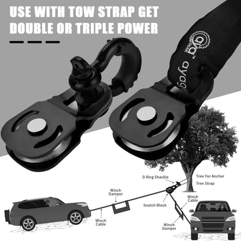 Beefy Snatch Block For Winch Recovery, 6 Ton Capacity, 13,000 Lbs Towing Pulley Block, Compact Offroad Accessory For Jeep, Truck, UTV, ATV, Black Steel, with tow strap and winch setup diagram
