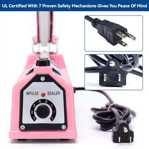 Heavy Duty 8 Inch Impulse Bag Sealer With 2 Mm Seal Width Pro Grade Heat Sealing Machine Includes Extra Replacements And Fuse Pink Finish Great For Food Packaging At Home Or Small Biz, showing control dial and power cord