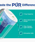 7-Cup Lead-Reducing Water Filter Pitcher Fridge-Ready shown, pouring water, highlighting design, filter change light indicator.