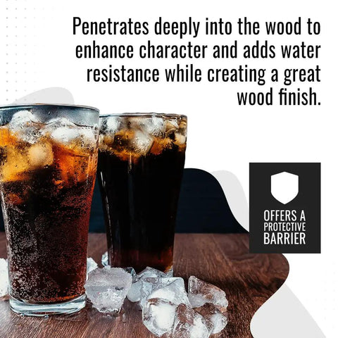 Pure Tung Oil For Wood Finishing, Food Grade And Waterproof, 16 Oz, ice filled glasses on a wooden surface with protective barrier graphic