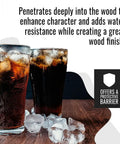 Two glasses with ice on wood surface showing effects of All Natural Tung Oil For Wood Finishing And Protection On Cutting Boards Bowls Butcher Blocks Furniture Floors And Outdoor Wood Waterproof Food Grade 32 Oz Top Notch Quality For Serious DIY Woodwork.