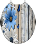 Toilet Seat Round Resin for Bathroom featuring blue flowers and butterflies on a wooden background.
