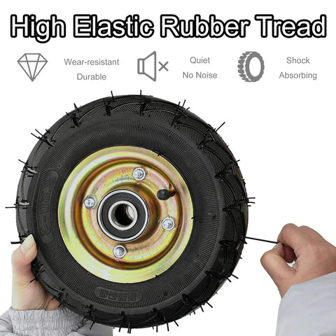 Close-up of heavy duty outdoor caster wheels with high elastic rubber tread, 360 swivel, and steel mounts.