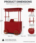 Slick Custom Mobile Food Cart With Roof And Heavy Duty Portable Vendor Display Kiosk For Coffee Snacks Desserts Trade Shows Plus Full Color Branding Makeover dimensions image showing red cart with canopy, shelves, and gold accents.