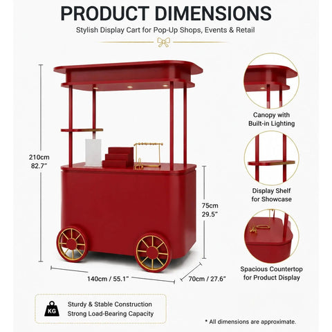 Slick Custom Mobile Food Cart With Roof And Heavy Duty Portable Vendor Display Kiosk For Coffee Snacks Desserts Trade Shows Plus Full Color Branding Makeover dimensions image showing red cart with canopy, shelves, and gold accents.