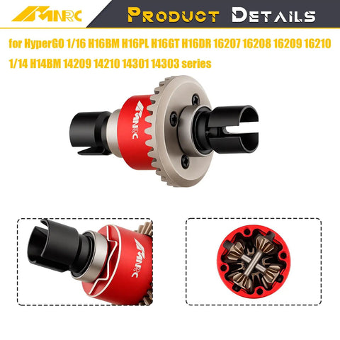 Close-up of beefed up alloy front and rear differential for HyperGO RC cars with red 6061 aluminum case and steel gears.