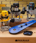 Ellipse And Circle Router Jig with three compact routers on a Rockler workbench, ideal for precise circle and ellipse cutting.