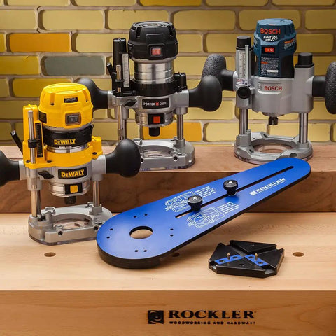 Ellipse And Circle Router Jig with three compact routers on a Rockler workbench, ideal for precise circle and ellipse cutting.