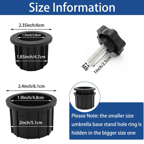 Size dimensions of 3 Pcs Umbrella Base Stand Replacement Parts Kit With M8 Threaded Knobs And Hole Ring Caps for patio use