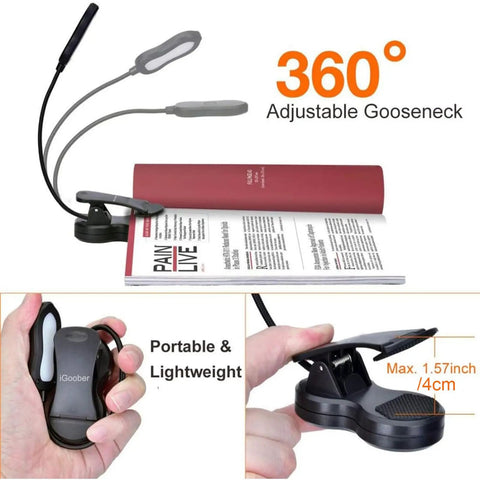 Amber Clip On Book Light With Rechargeable Battery, flexible gooseneck, portable design, attached to books and surfaces
