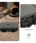 Dang Tough Portable Waterproof Plastic Toolbox With Rugged Latches For Nails Screws And Small Parts Doubles As Electrician Kit Case Mechanics Organizer And Pickup Truck Storage on workspace with tools.