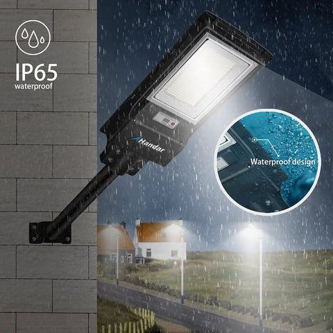 Two Pack 300W Solar Security Flood Lights With 10000LM 492 LEDs, 3 Modes Stay On, Timer Or Motion Sensor on rainy night