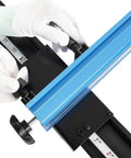 Close-up of 14 Inch Bandsaw Fence Fits Jet Delta General Grizzly And More Heavy Duty Precision Alignment With T Slots and blue aluminum construction