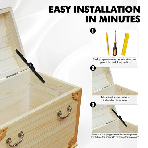 Locking Chest Hinges With Soft Close For Toy Boxes And Cabinets, easy installation guide on wooden box, black metal hinge