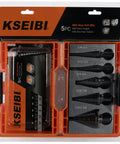 Packaging showing Step Drill Bit Set 5 Pc High Speed Steel Black Oxide HSS Pro Grade For Fast Hole Cutting In Metal And Stainless Steel