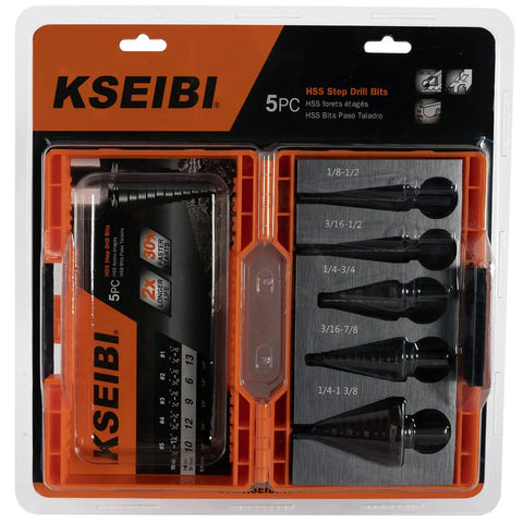 Packaging showing Step Drill Bit Set 5 Pc High Speed Steel Black Oxide HSS Pro Grade For Fast Hole Cutting In Metal And Stainless Steel