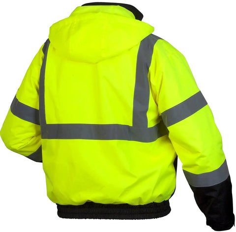 Back view of Waterproof Lime Hi Viz Fleece Bomber Workwear Jacket With Detachable Hood Five Pockets Radio Pocket With Clear Panel Mic Tabs Pencil Pockets Class 3 Level 2 Reflective Tape.