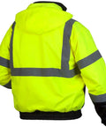 Back view of Waterproof Class 3 Hi Vis Lime Fleece Bomber Safety Jacket With Detachable Hood, 2 inch reflective tape visible.