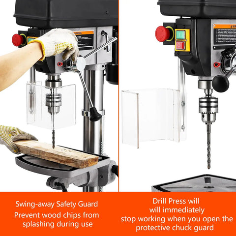 Powerhouse 15 Inch Benchtop Drill Press With 7.5 Amp Copper Motor and Swing Away Guard, safety features, close-up view