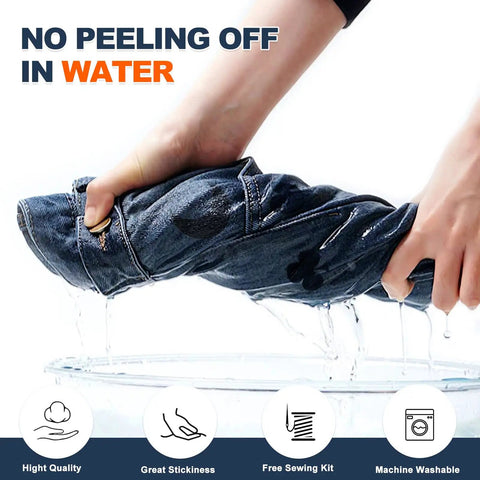Demonstration of Iron On Denim Patches For Jeans Repair Kit holding strong in water, showcasing durability and adherence.