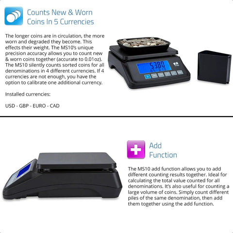 Coin Counting Scale For Fast Cash Counting And Sorting Coins In USD CAD EUR GBP totals with precision to 0.01 ounce