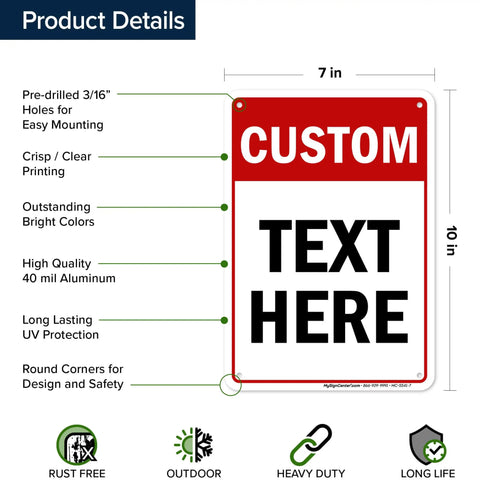 Custom Biz Sign 7x10 Inches Aluminum Sign For Indoor Outdoor Rust Free Fade Resistant 0.040 Aluminum Thickness With Pre Drilled Holes 3M EGP Reflective For Maximum Visibility Made In USA, red custom text sign