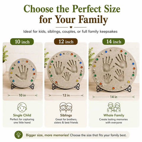 Three sizes of Custom DIY Family Handprint Stone Kit With Concrete Mold, Letter And Number Stamps, Colorful Gems For Keepsake Craft.