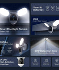 2K QHD Outdoor Floodlight Security Camera with dimmable 2800 lumen floodlight, motion activated, detects people and vehicles