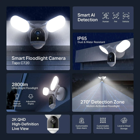 2K QHD Outdoor Floodlight Security Camera with dimmable 2800 lumen floodlight, motion activated, detects people and vehicles
