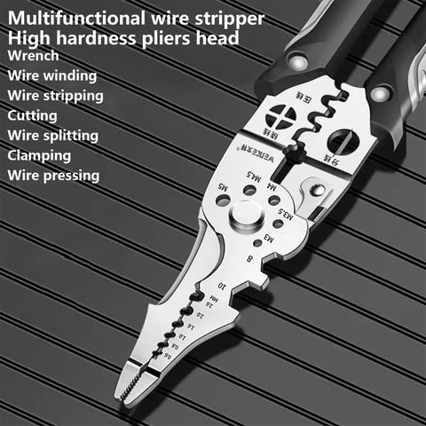Heavy Duty Stainless Steel Wire Stripping Pliers with ergonomic grip for cutting and stripping copper, iron, and aluminum wires.