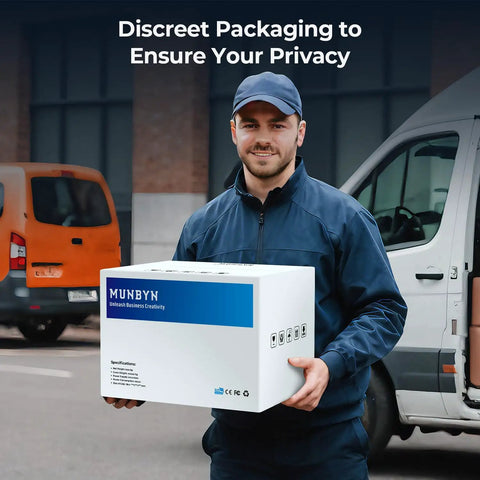 Man holding package with discreet packaging for Value Counting Money Counter For Cashiers, Boss Level Speed At 1100 Bills Per Minute