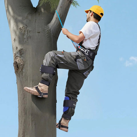 Person using Height Adjustable Tree Climbing Spikes Set With Straps And Waist Harness Heavy Duty Steel Climb Spurs For Arborist Work